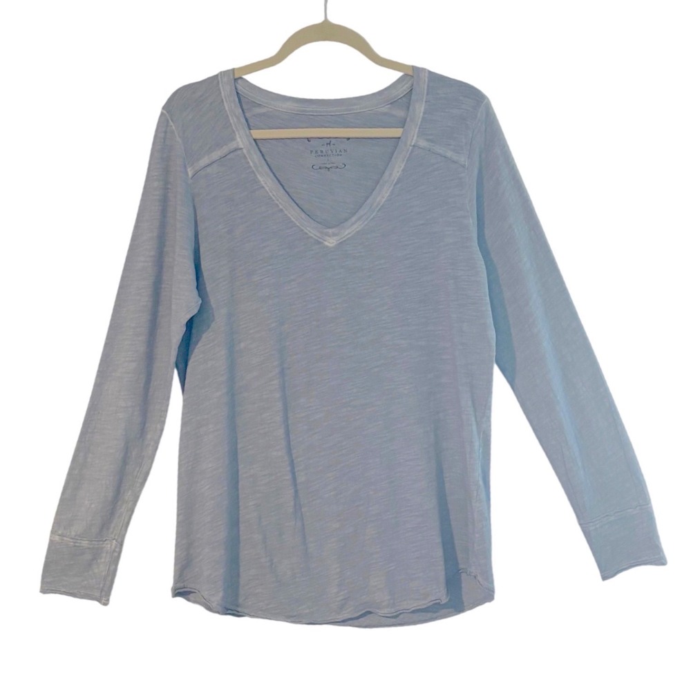 Peruvian Connection - Size Large-Blue Slub Knit V-Neck Long Sleeve Cotton Top